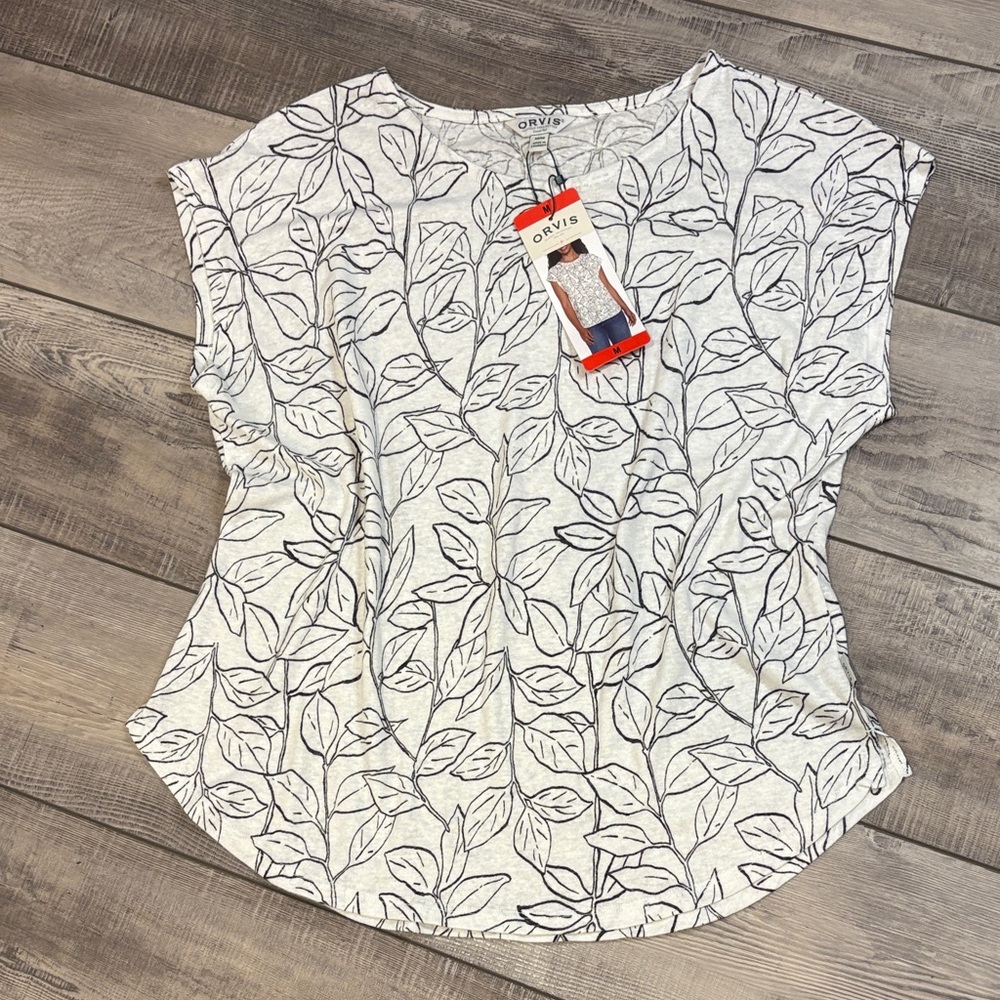 Orvis Linen Blend Leaf Print White and Black Cap Sleeve Top NWT Medium